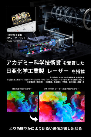 アカデミー科学技術賞を受賞した日亜化学工業製の3色(RGB)レーザー光源を搭載。従来のLED光源プロジェクターよりもより色鮮やかにより明るい映像が映し出せる。